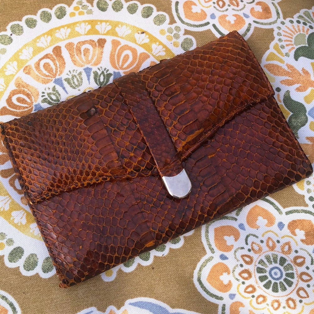 Vintage Snakeskin Travel Wallet Trifold Caramel Brown 7x4"